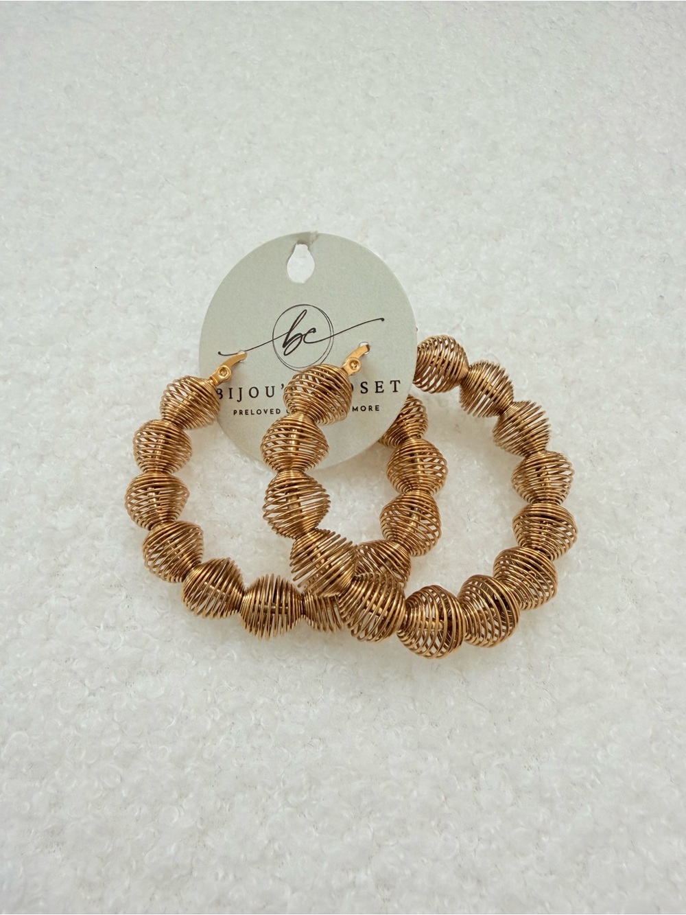 Textured Gold Hoop Earrings — Spiral Bead Design